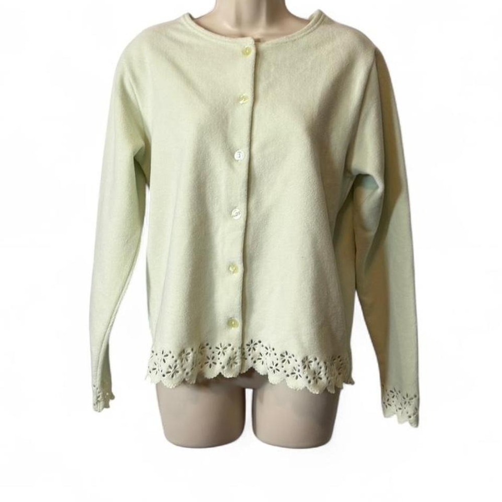 Vintage 90s Westbound Yellow‎ Fleece Button Front Cardigan Eyelet Scallop Hem S